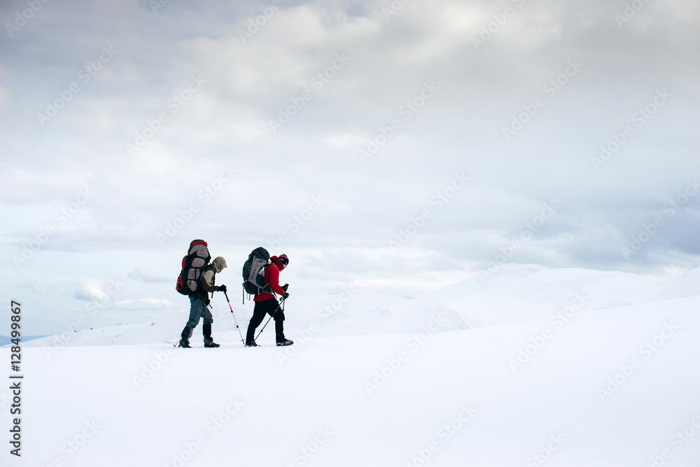 Two friends with backpacks are  tracking in the snowy and windy