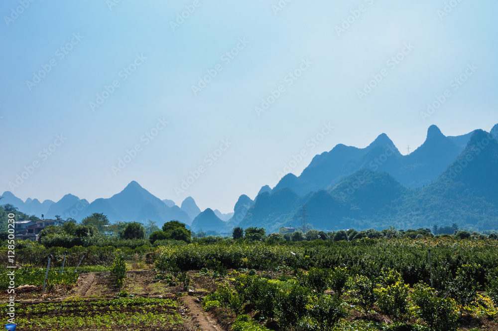 The karst mountains scenery with blue sky 