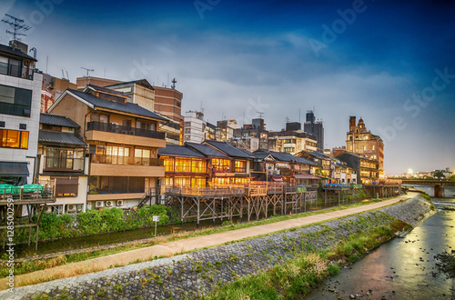 Kyoto, Japan. Sunset view of cityscape along river