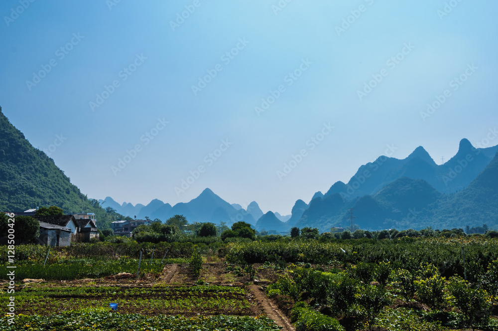 The karst mountains scenery with blue sky 