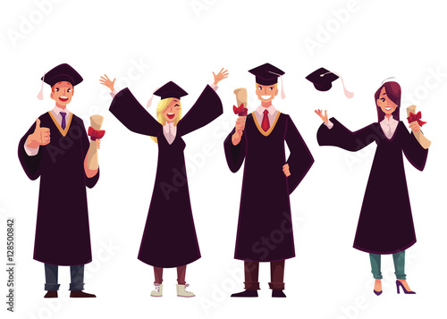 Set of happy students in traditional caps and gowns celebrating successful graduation, cartoon style illustration isolated on white background. Students in academic dress graduated from University