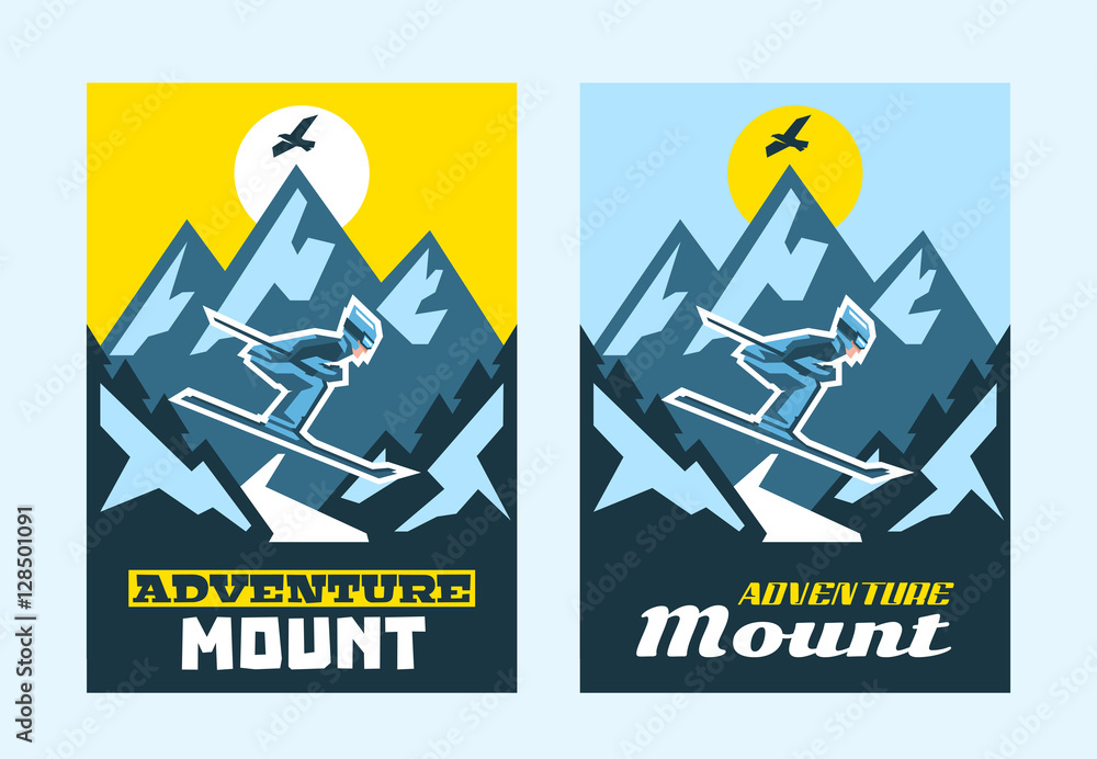 Set invitations for mountain adventures. Design for print ads, postcards, greetings. Fresh air, hiking. Skiers riding the mountain. Nature View. Eagle flying in the clouds. Vector illustration