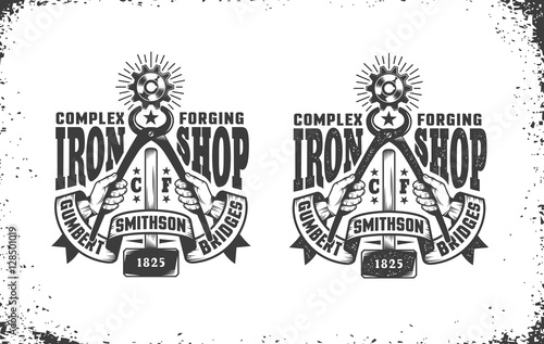 Smithy, workshop logo in vintage retro style. Hands holding pliers gripping cogwheel, forging hammer, retro ribbon. Vector layered illustration. Easy to edit.