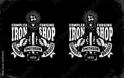 Smithy emblem with hammer, tongs and vintage ribbon on a black background. Vector layered illustration. Easy to edit.