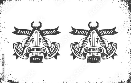 Blacksmith workshop retro emblem with a hammer, pliers and ribbons. Vector illustration layered - easy to edit.