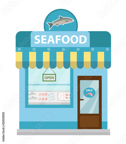 Seafood shop building, showcase vector icon flat style. Fish market isolated on white background. Sea products store