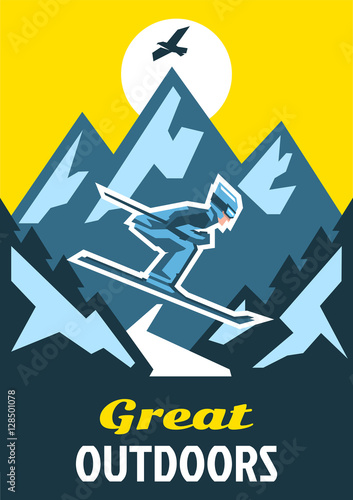 Great outdoors winter. The skier is heading down the slope. Leap from the mountain. Road and horizon. Designed for printing of invitations, greeting cards, advertising. Fresh air. Winter landscape.