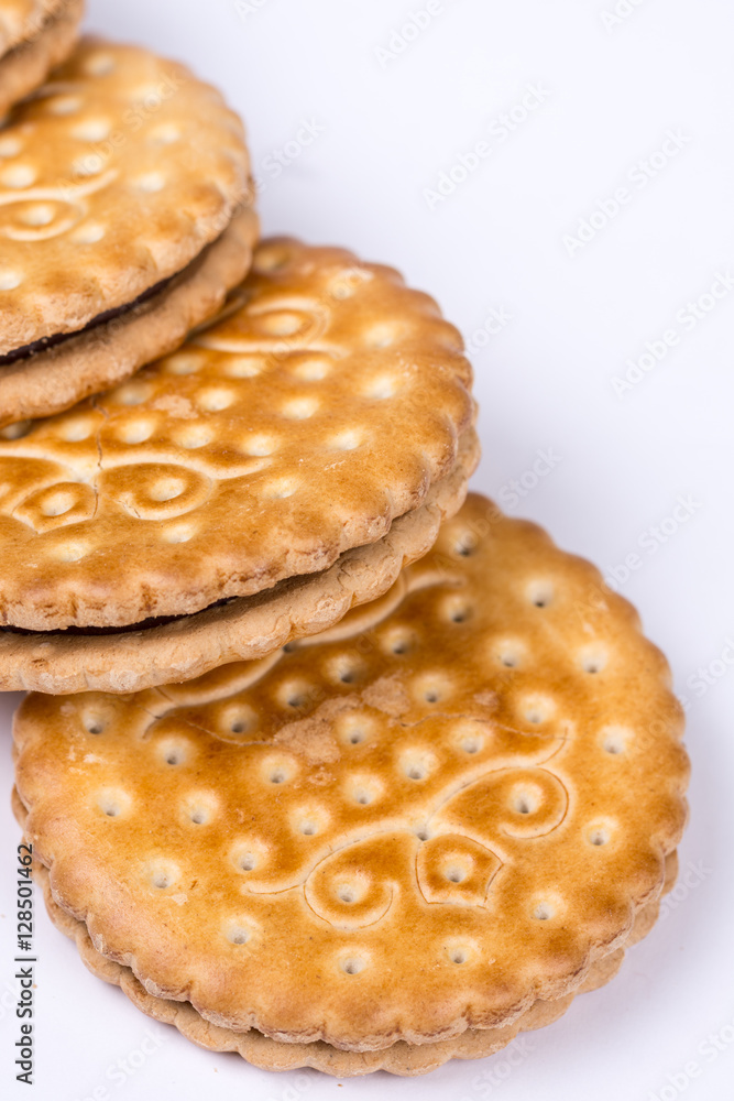 Chocolate biscuits isolated over white background with copy spac Chocolate biscuits isolated over white background with copy spac