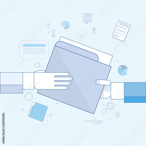 Hands Give Folder Document Papers, Businessmen Share Information Data Vector Illustration