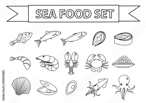 Sea food icons set vector. Modern  line  doodle style. Seafood collection isolated on white background. Fish products illustration  design element