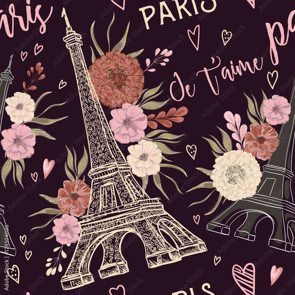 Paris. Vintage seamless pattern with Eiffel Tower, hearts and floral  elements in watercolor style. Retro hand drawn vector illustration vector  de Stock | Adobe Stock