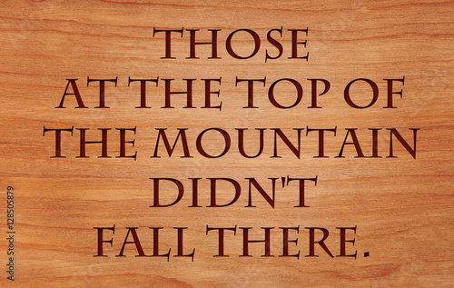 Those at the top of the mountain didn't fall there - quote by unknown author on wooden red oak background