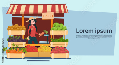 Farm Market Organic Eco Fruits Vegetables Grocery Flat Vector Illustration