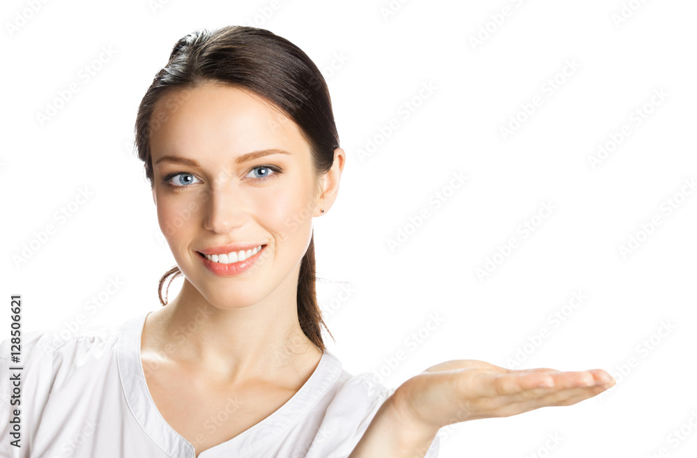 smiling businesswoman showing, isolated smiling businesswoman showing, isolated