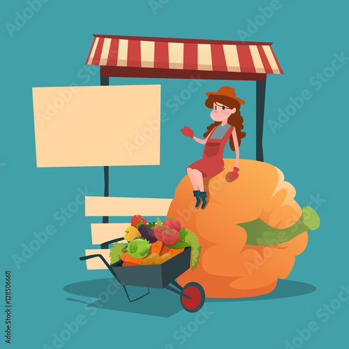 Farm Market Organic Eco Fruits Vegetables Grocery Flat Vector Illustration