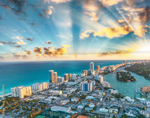 Miami Beach buildings and canals, aerial sunset view © jovannig