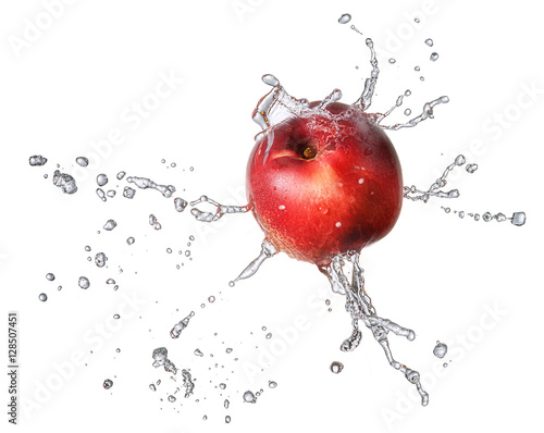 Water splash and fruits isolated on white backgroud with clipping path. Fresh nectarine