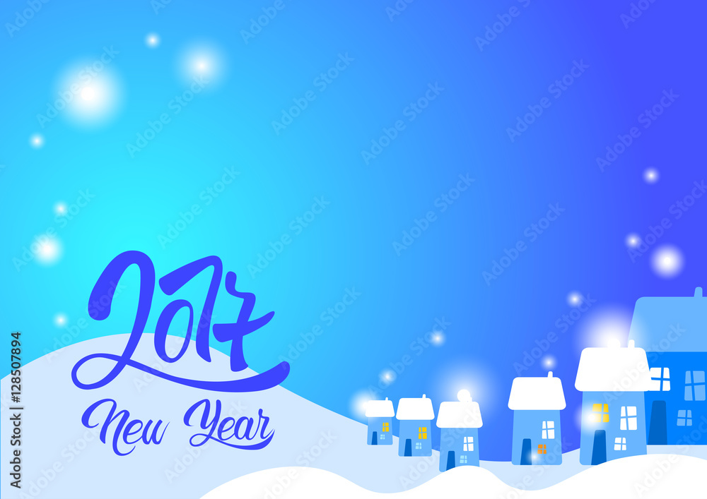 Snowy House Village Happy New Year Merry Christmas Greeting Card Banner Flat Vector Illustration
