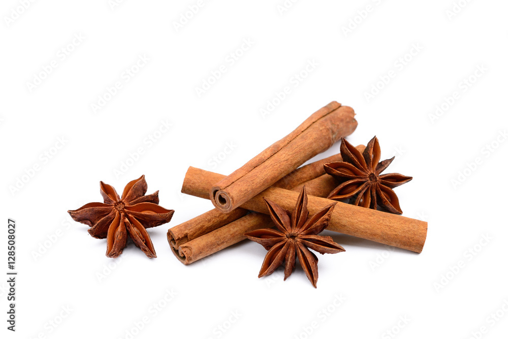 Fragrant anise and cinnamon isolated on white background Fragrant anise and cinnamon isolated on white background