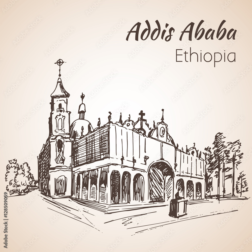 Addis Ababa Cathedral. Sketch. Isolated on white background