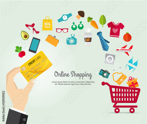 Online shopping e-commerce concept. business order item store online on smartphone,tablet and Pay by credit card quick and easy.Can used for infographic,web advertising.Market vector illustration