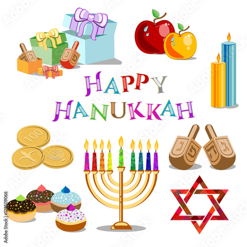 Set of objects without gradients for Festival of Lights, Feast of Dedication Hanukkah isolated on white background. Vector illustration