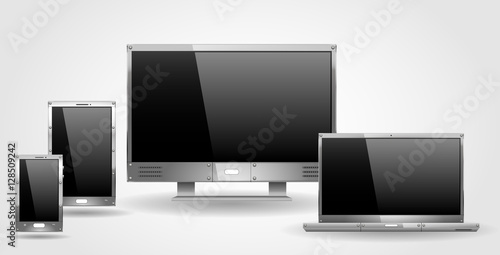 Monitor laptop and tablet of steel or other metal. Set of realistic objects in vector graphics
