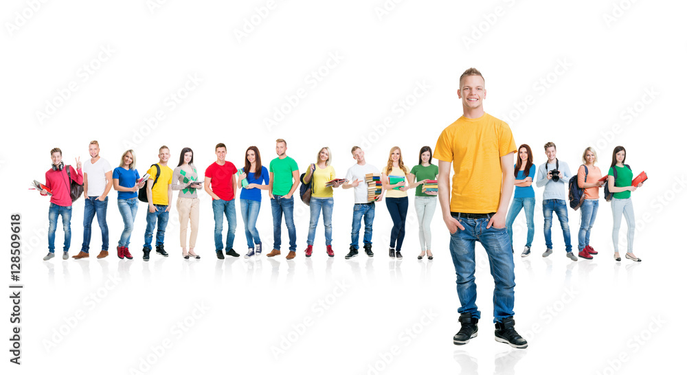 Large group of teenage students on white