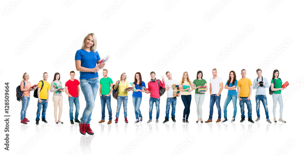 Obraz premium Large group of teenage students on white