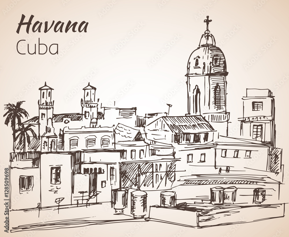 Havana sityscape sketch. Cuba.
