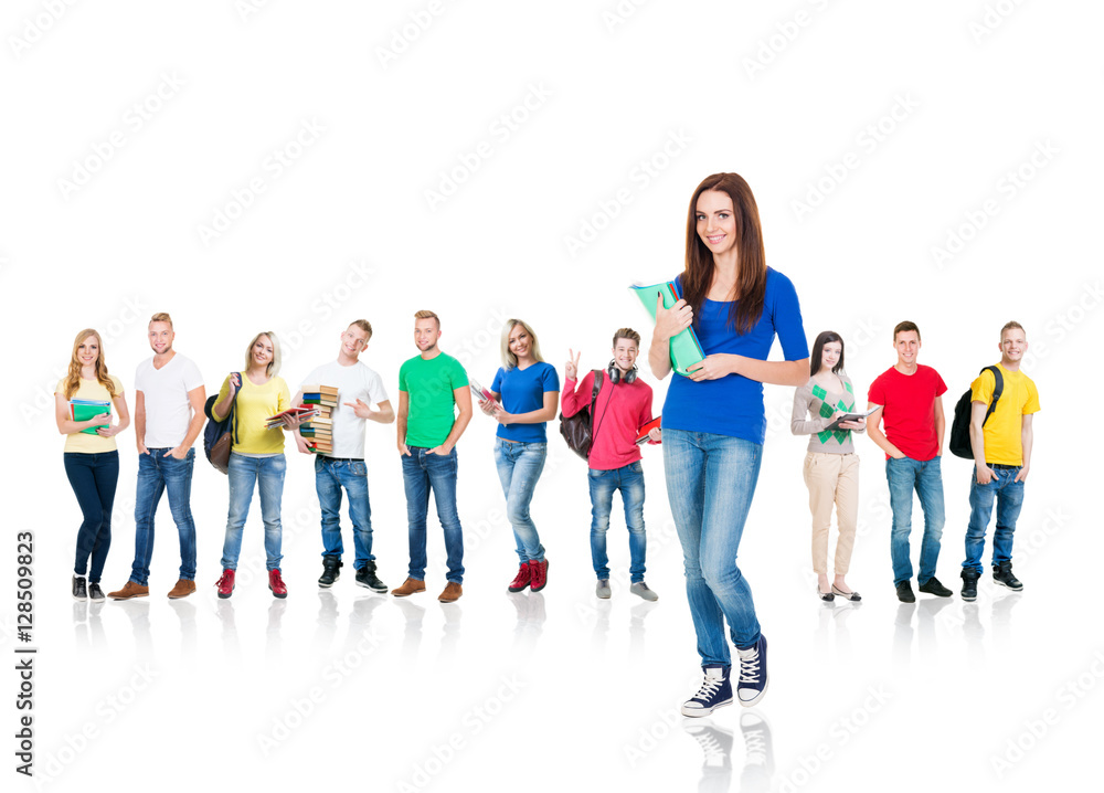 Obraz premium Large group of teenage students on white