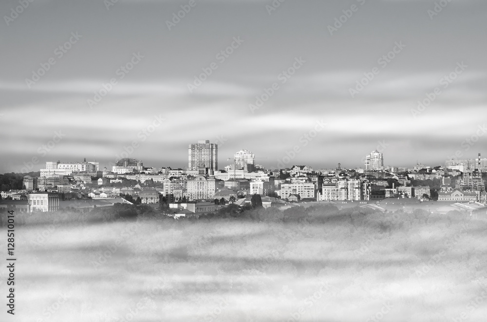 cityscape in smog, Kiev, Ukraine. Black and white photo.