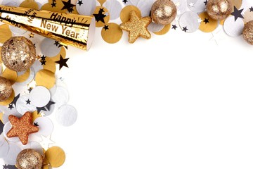 New Years Eve corner border of confetti and decor isolated on a white background