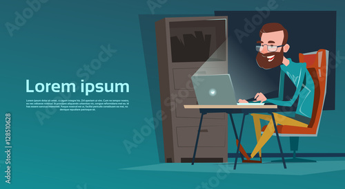 Business Man Sitting Desk Work Laptop Computer Flat Vector Illustration