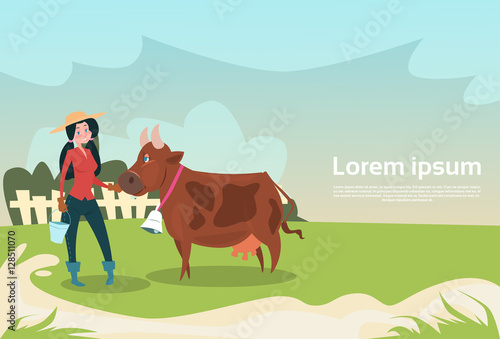 Farmer Woman With Cow Eco Farming Breeding Flat Vector Illustration