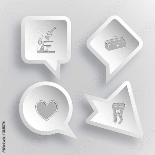 4 images: lab microscope, medical suitcase, heart, tooth. Medica