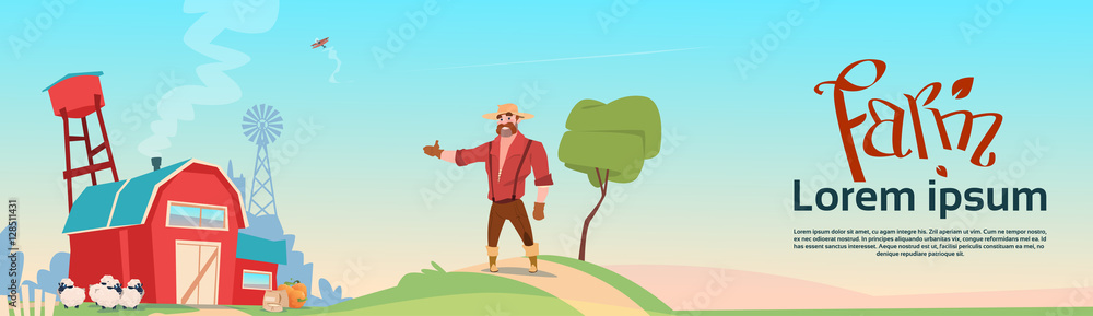 Farmer Near Farm, Field Farmland Countryside Landscape Flat Vector Illustration Farmer Near Farm, Field Farmland Countryside Landscape Flat Vector Illustration