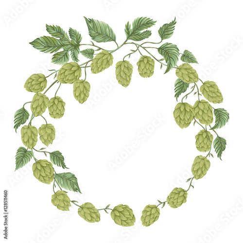 Wreath with hop. Floral composition with hop cones, leaves and branches. Isolated elements. Vintage hand drawn illustration in watercolor style.