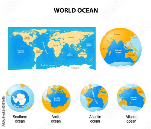 Set of globes with different continents, oceans and a map earth
