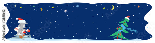 holiday story about sportsman and tree/ vector long border with hedgehog skiing hurrying to meet new year 