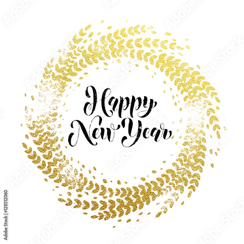 Glitter decoration golden wreath Happy New Year greeting card