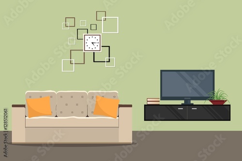 Living room in a green color with a sofa and a home cinema. There is a square clock on the wall in the picture. Vector flat illustration.