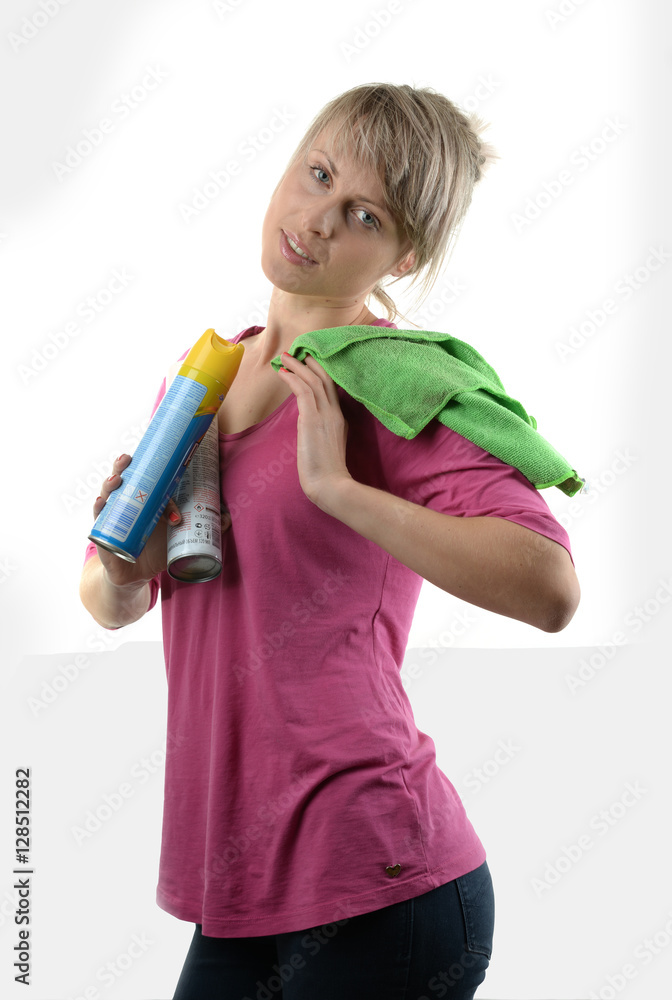 pretty very busy multitasking housewife on white background pretty very busy multitasking housewife on white background