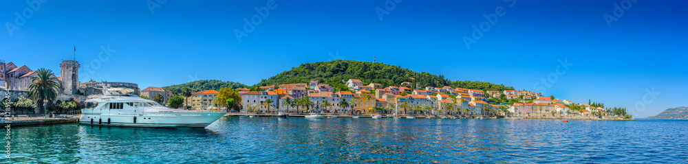 Korcula town panorama waterfront. / Waterfront panorama of famous Adriatic destination, Korcula town, Croatia islands, Europe.