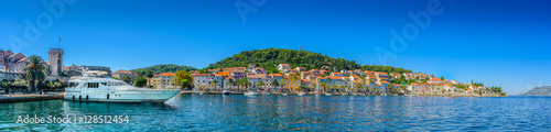 Korcula town panorama waterfront. / Waterfront panorama of famous Adriatic destination, Korcula town, Croatia islands, Europe.