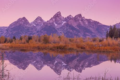 Canvas Print Tetons in Fall Reflected at Sunrise