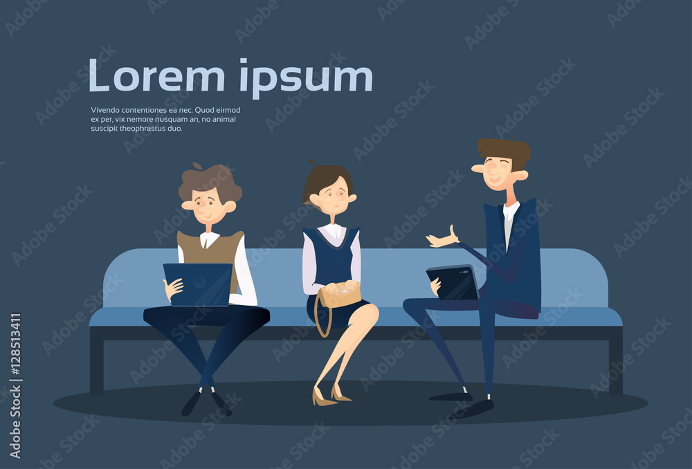 Business People Group Sitting On Coach Businessman Using Laptop Computer Office Flat Vector Illustration Business People Group Sitting On Coach Businessman Using Laptop Computer Office Flat Vector Illustration