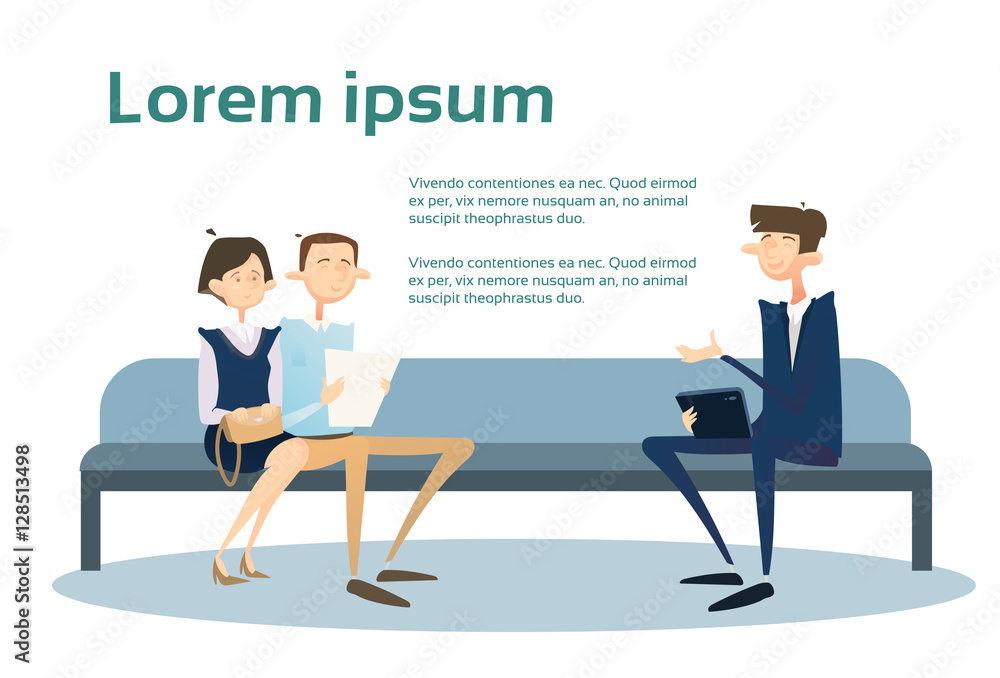 Business People Group Sitting On Coach Businessman Using Tablet Computer Office Flat Vector Illustration
