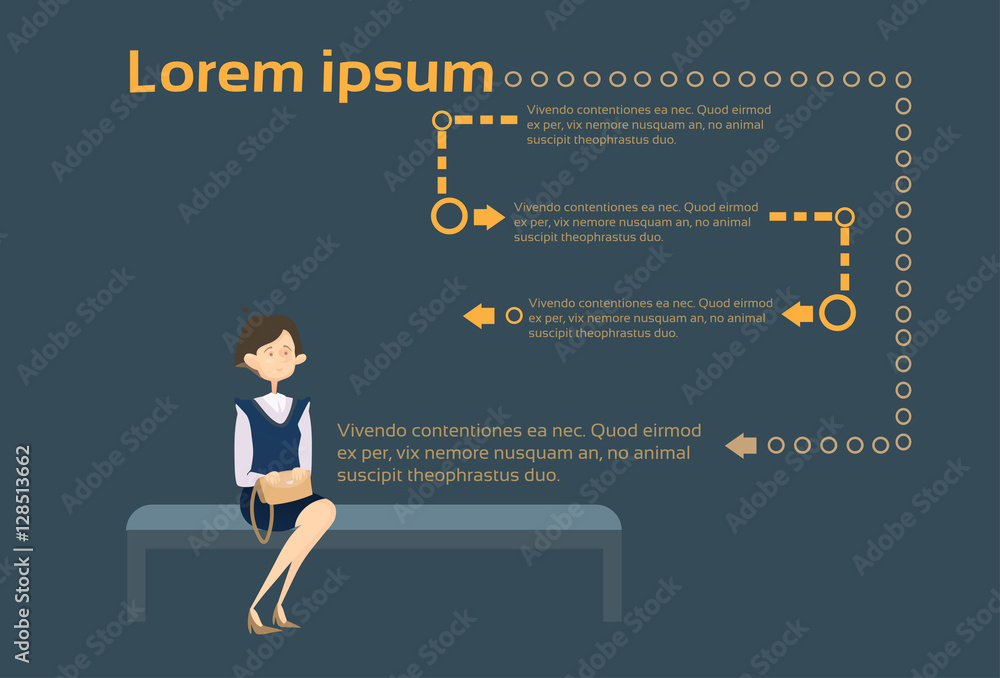 Business Woman Sit On Coach Waiting Abstract Arrows Background Flat Vector Illustration