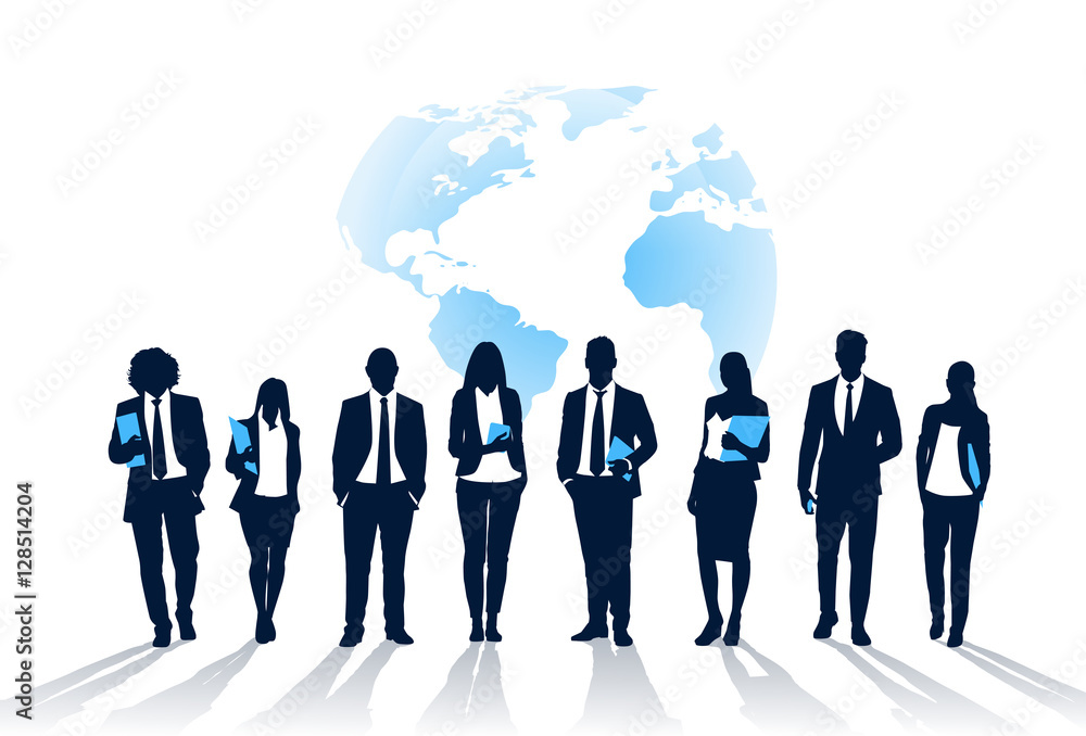 Business People Team Crowd Walk Silhouette Concept Businesspeople Group Human Resources over World Map Background Vector Illustration Business People Team Crowd Walk Silhouette Concept Businesspeople Group Human Resources over World Map Background Vector Illustration